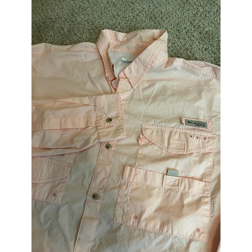 Columbia Men Fishing Shirt XXL Peach Pink PFG Long Sleeve Button Down